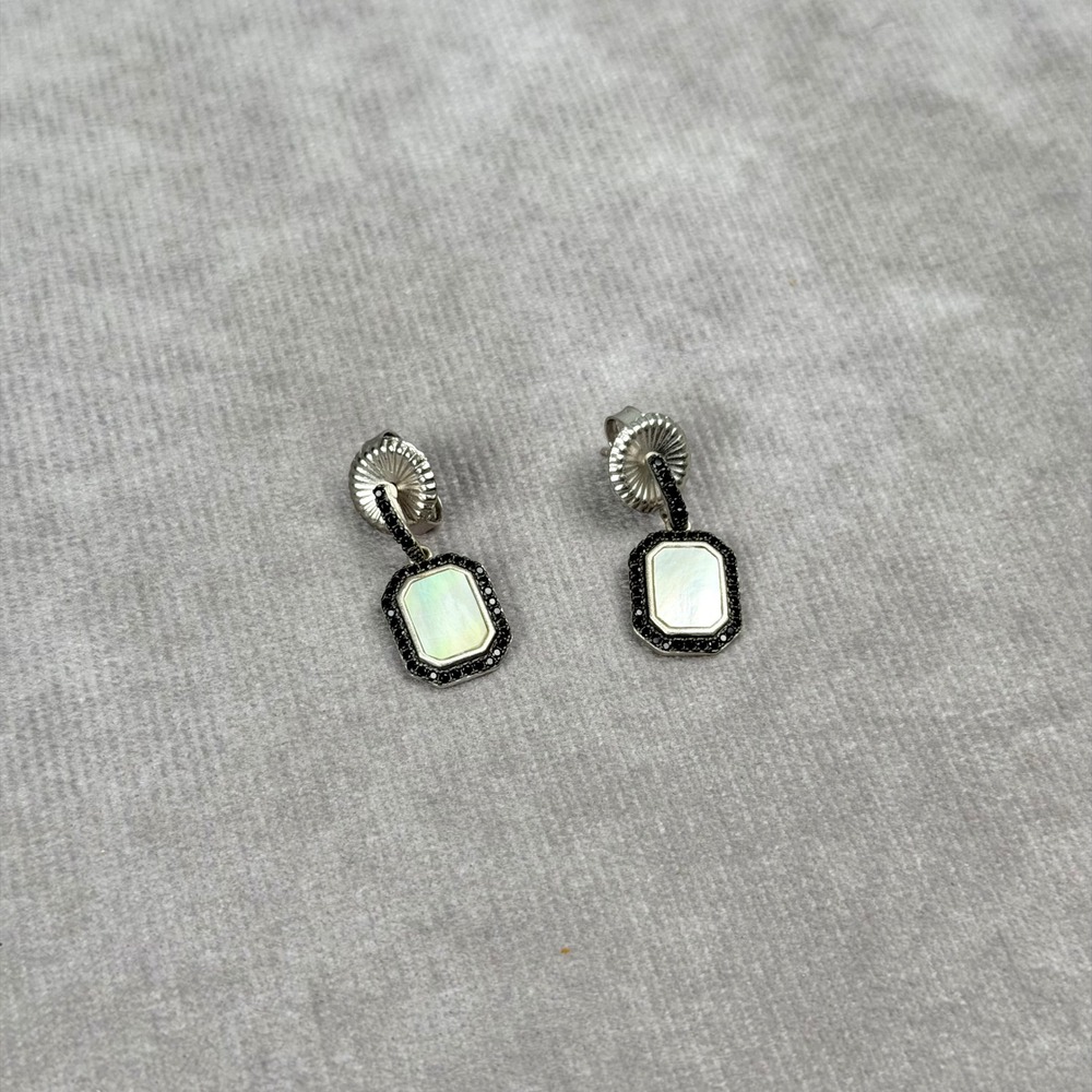 Freida Rothman Mother of Pearl Black CZ Drop Earrings Art Deco Style 925 Silver - Picture 2 of 4
